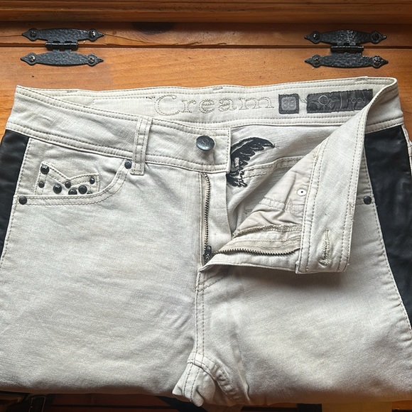 CREAM - Beige Stretchy Jeans - Black Pleather Leg Stripe - Size: 38 EUROPEAN - Picture 3 of 5